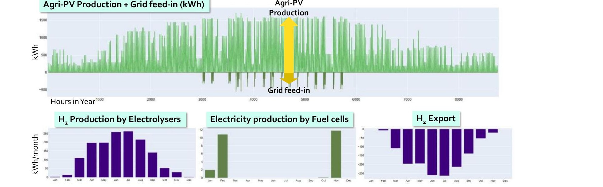 Jährliche Energiediagramme: oben die Agri-PV-Produktion und die Netzeinspeisung über die Stunden des Jahres; unten die monatliche H₂-Produktion der Elektrolyseure, die Stromproduktion der Brennstoffzellen und der H₂-Export.