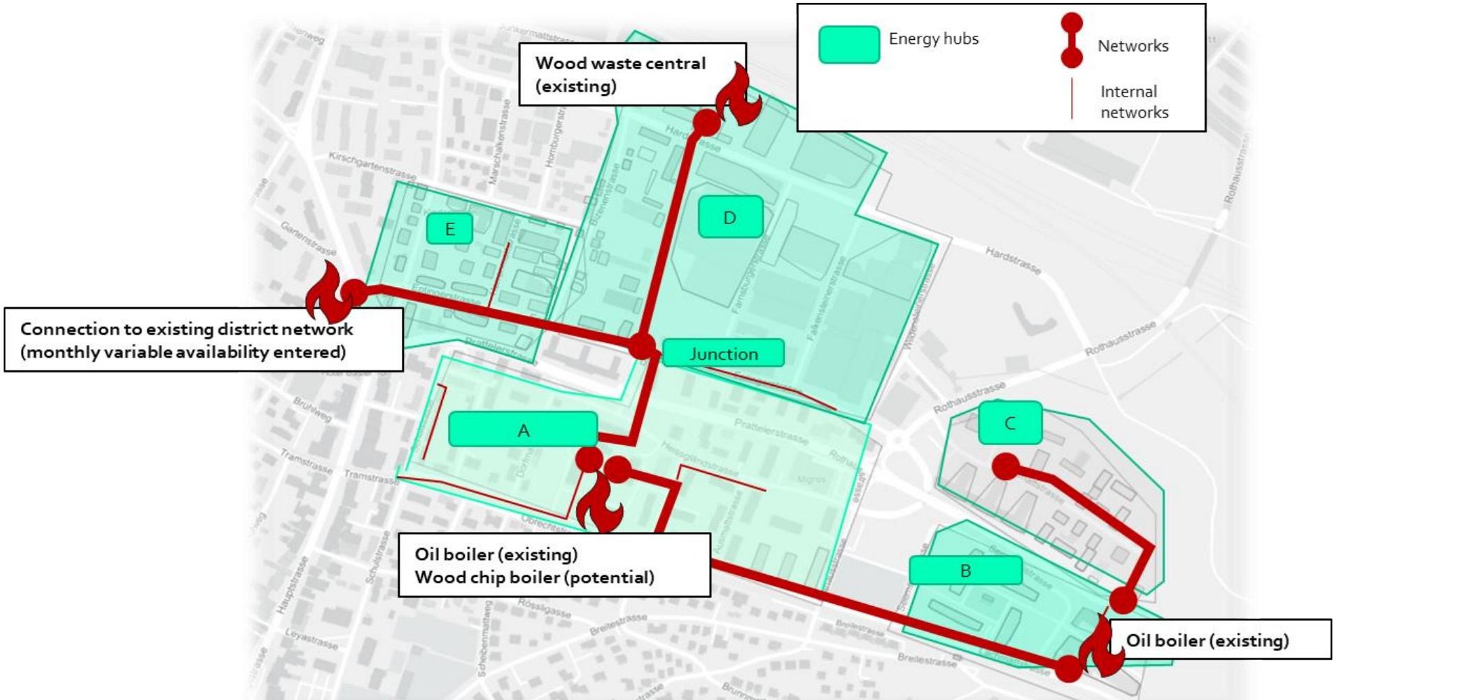 Standortkarte von Muttenz mit fünf Energieknotenpunkten von A bis E, drei Energieanlagen, nämlich einem Holzabfallheizwerk und zwei Ölkesseln, und fünf möglichen Netzsegmenten zurück zum bestehenden Fernwärmenetz.